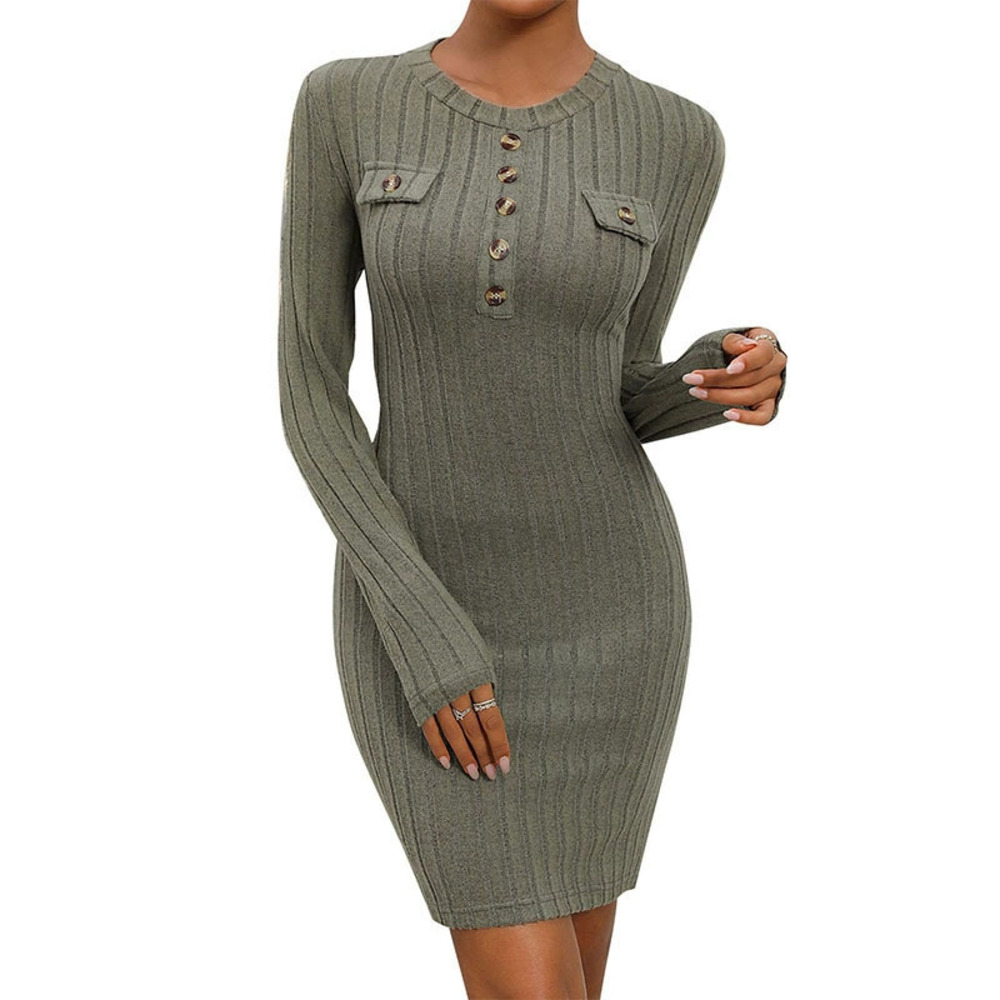 Knit Brushed Ribbed Bodycon Short Dress Fall Winter Slim Fit Round Neck
